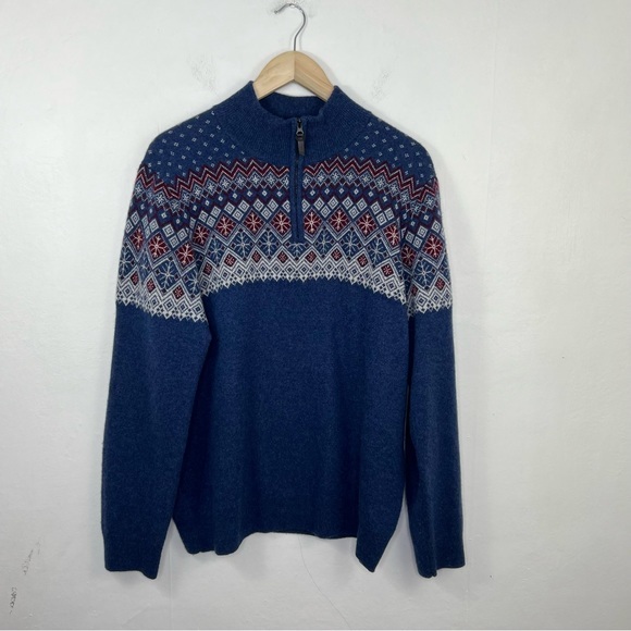 Daniel Hechter Other - Daniel Hechter Blue Red White Snowflakes Cashmere 1/4 zip  Sweater Mens Size L